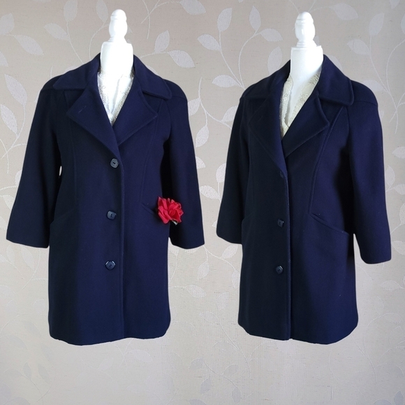 Vintage 1950s 1960s Miss Abbmoor Navy Blue Wool Button Front Crop Sleeve Coat 4 - Picture 1 of 14